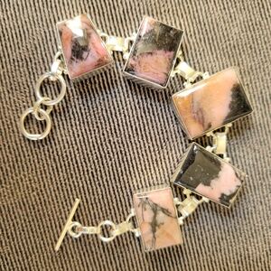 Pink black Rhodonite gemstone silver link bracelet